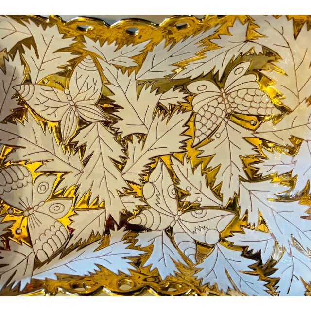 Large Gold and White Glazed Terra Cotta Serving Dish With Butterflies and Maple Leaves Made in Italy For Sale - Image 4 of 7