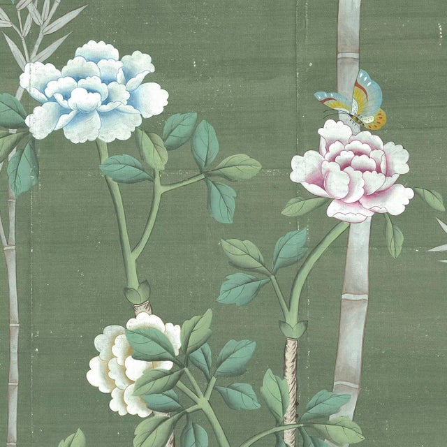 Chinese 36" * H100"/Panel * 5ps, Dark Olive Green‌ Floral and Bird Wallpaper, Hand-Painted New Chinese-Style Floral and Bird Wallpaper Mural,5 Panels For Sale - Image 3 of 5