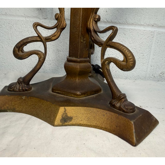 Antique Ornate Early 1900's Bronze Glass Art Nouveau Electric Table Lamp Light For Sale In New York - Image 6 of 11