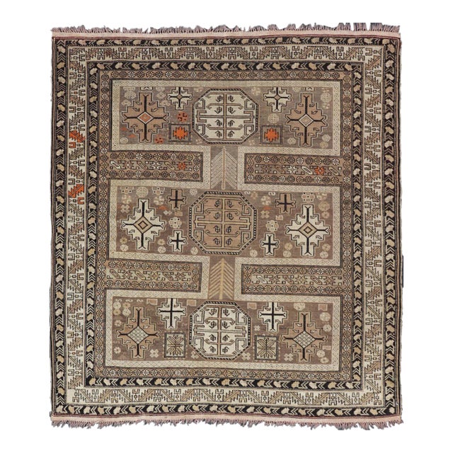 Early 20th Century Antique Tribal Caucasian Rug With All-Over Motif in Muted Neutrals For Sale