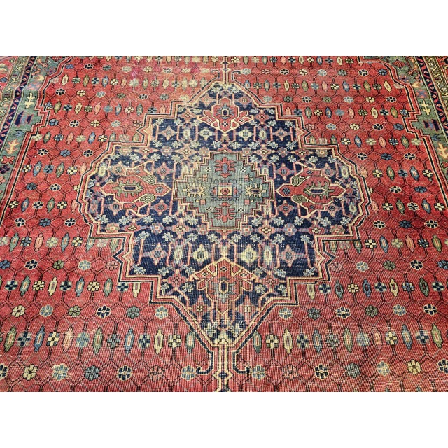 Vintage Turkish Heriz Rug, Hand-Knotted Wool, Geometric Medallion Design, Red & Green, 12x14 For Sale - Image 13 of 16