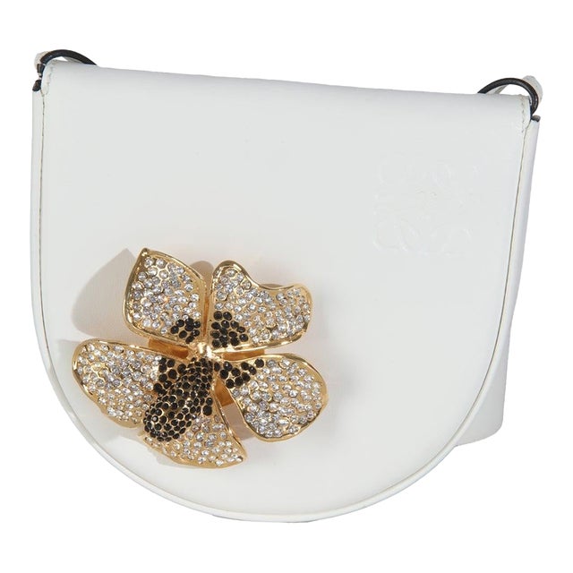 White Calfskin Heel Metal Flower Crossbody For Sale