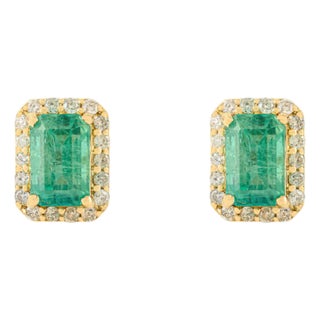 Modern Style 1.83 Ct Emerald Stud Earrings With Natural Diamonds in 18k Gold- A Pair For Sale
