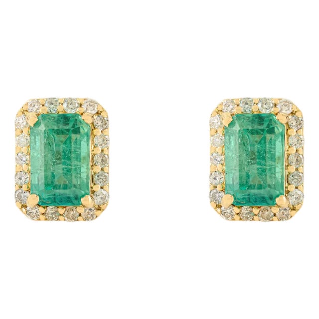 Modern Style 1.83 Ct Emerald Stud Earrings With Natural Diamonds in 18k Gold- A Pair For Sale