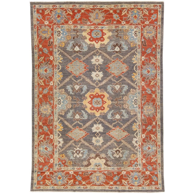 Textile Modern Sultanabad Handmade Gray & Rust Wool Rug With Allover Motif For Sale - Image 7 of 7