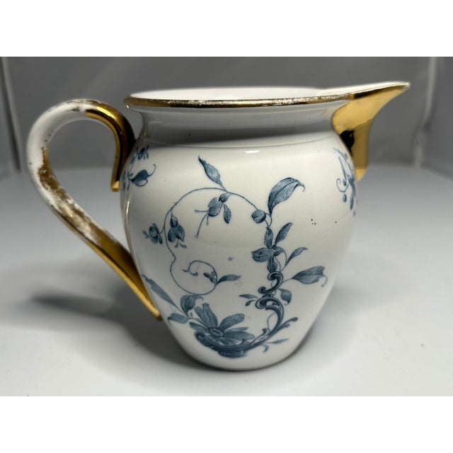 Art Nouveau Antique Blue Floral Transferware Pitcher - Gold Gilt Accents c. 1904 For Sale - Image 3 of 10