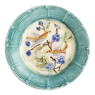 Antique French Onnaing Turquoise Majolica Birds Plate, Circa 1890 For Sale