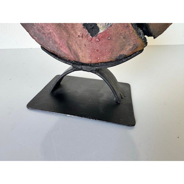 Metal 1980s Vintage Handmade Brutalist Abstract Pottery Sculpture on Metal Stand, Signed For Sale - Image 7 of 9