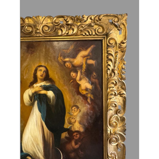 Late 19th Century Large Italian Gilt Framed Religious Oil Painting – Immaculate Conception After Murillo – Florence, Italy For Sale - Image 4 of 11