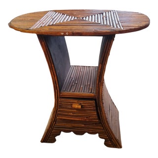 20th C Vintage Reed and Bamboo Side Table With Drawer For Sale