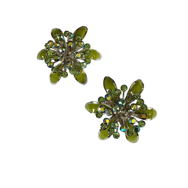 Mid-Century Modern Vintage Green Enamel and Aurora Borealis Rhinestone Earrings For Sale - Image 3 of 8