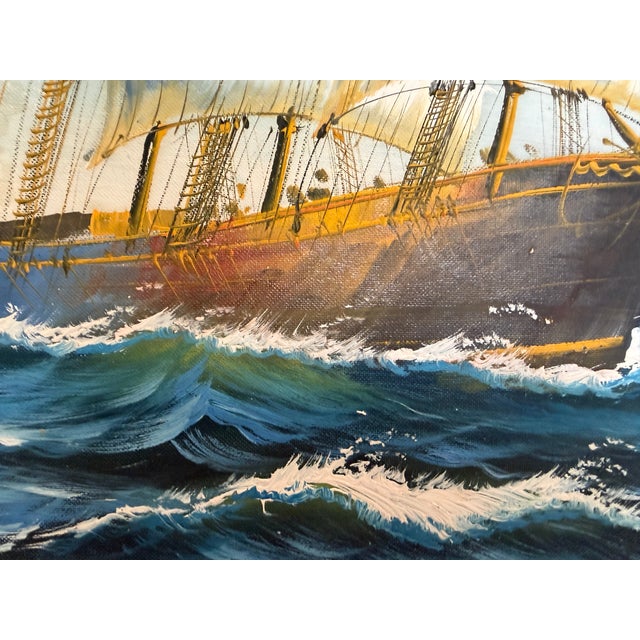 Original vintage oil on canvas maritime painting depicting a majestic multi-masted sailing ship under full sail crossing...