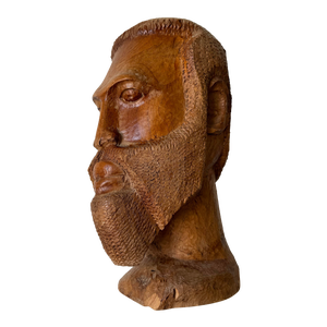 Vintage Hand Carved Wood African Male Bust Sculpture, Signed