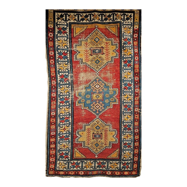Vintage Handwoven Caucasian Kazak Rug, Geometric Pattern, Red & Ivory, 4' x 7' For Sale