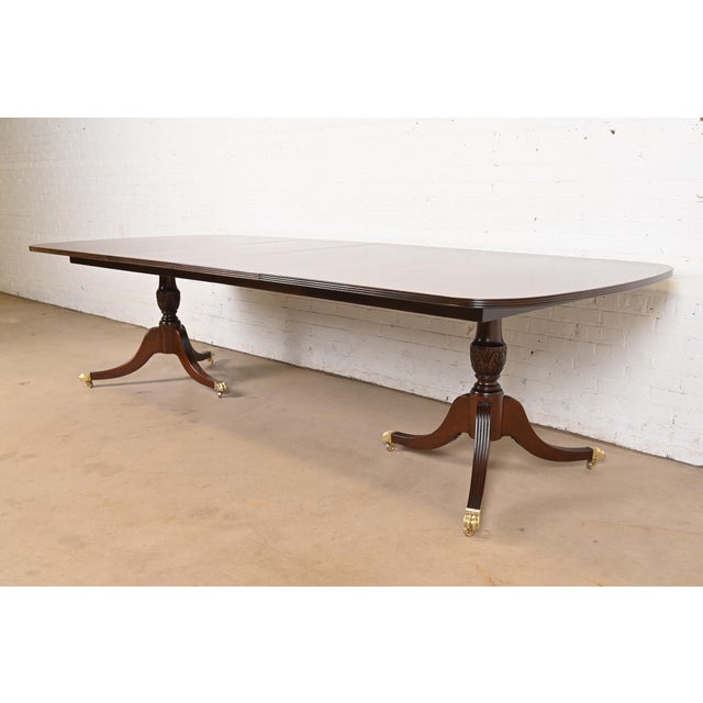 Baker Furniture Company Baker Furniture Style Georgian Banded Mahogany Double Pedestal Extension Dining Table, Newly Refinished For Sale - Image 4 of 12