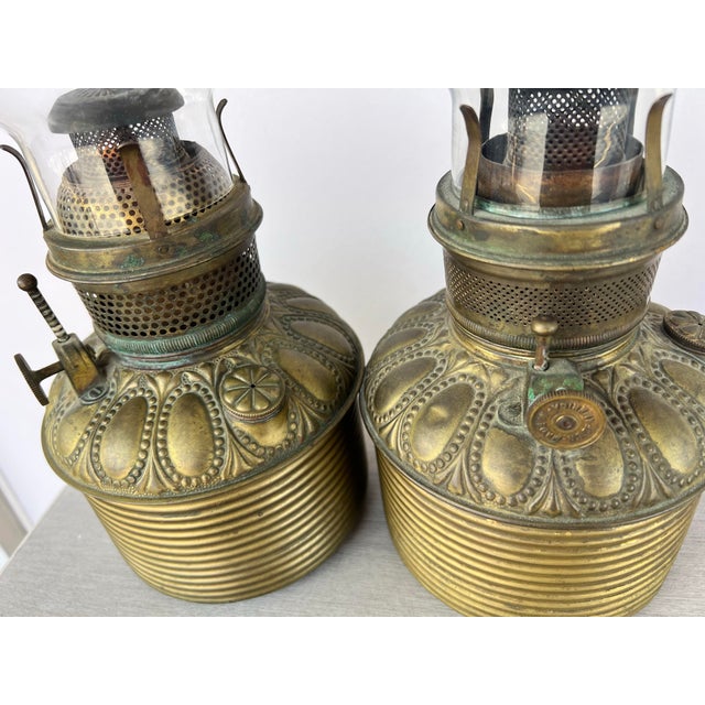 Brass Antique Brass and Glass Chimney Oil Lamps - 2 For Sale - Image 8 of 9