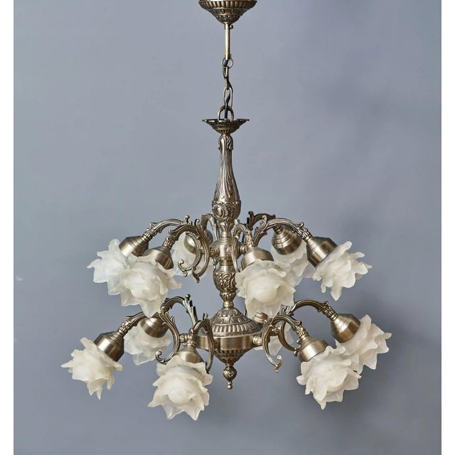 White Brass 12-Arm Chandelier with Rose-Shaped Glass Shades For Sale - Image 11 of 11