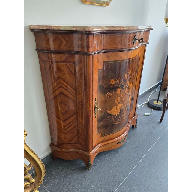 Curved Dresser in Floral Marquetry with Marble Top, 1950s For Sale - Image 9 of 16