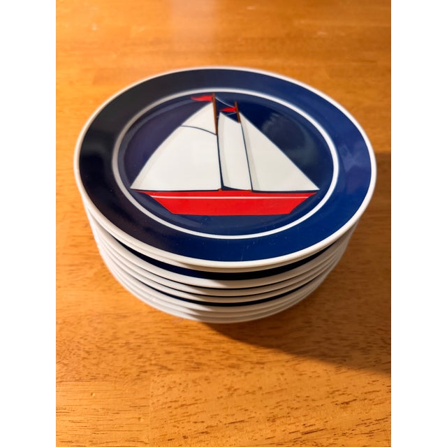 Navy Blue Vintage Nautical Themed Design Plates With Sailboat - Set of 8 For Sale - Image 8 of 10