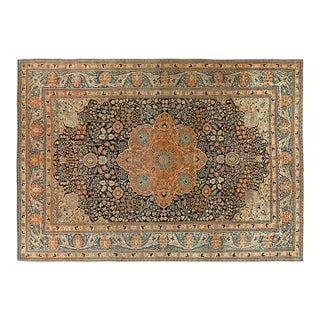 Antique Persian Mohtashem Kashan Orange, Black and Light Blue Wool Rug For Sale