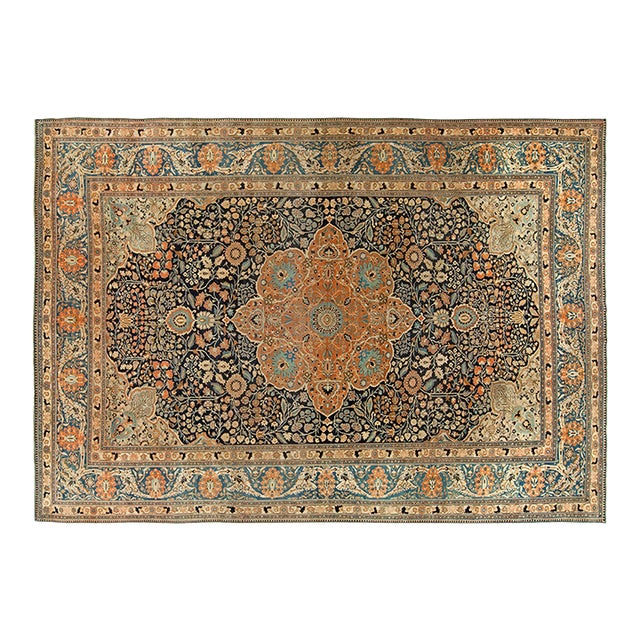 Antique Persian Mohtashem Kashan Orange, Black and Light Blue Wool Rug For Sale