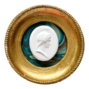 Small Intaglio Portrait, Man in Helmet Looking Right Cameo, in Vintage Florentine Frame on Marbled Paper by Dorothy Art, 3x3”