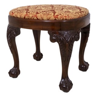 Damask Upholstered Ball & Claw Mahogany Ottoman For Sale