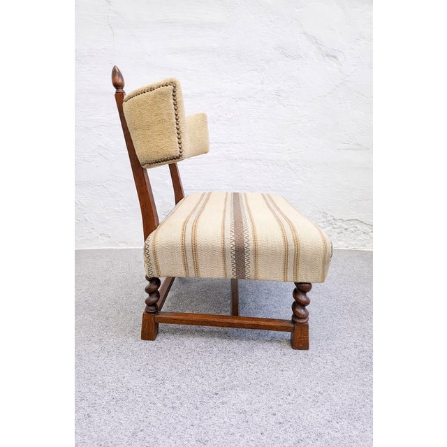 Transitional Hungarian Lounge Chair in Oak, Minotti Tapestry & Belgian Bouclé Upholstery, 1930s For Sale - Image 4 of 11