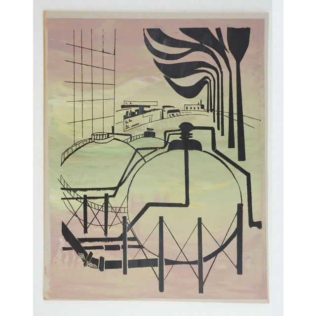Vintage serigraph on paper of an industrial refinery scene. Image in black on light purple and green painted paper....