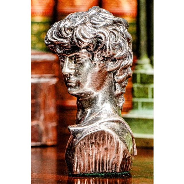 1960s High Relief Vintage Silver Metal Miniature Michelangelo David Art Bust Statue Sculpture Italy Home Decor For Sale - Image 5 of 12