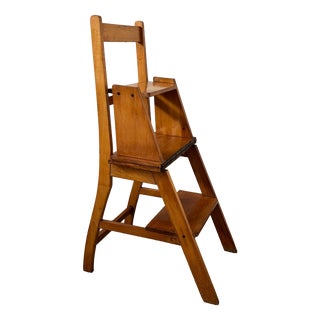 Oak Wooden Library Ladder and Chair, Netherlands, 1930s For Sale