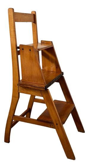 Oak Wooden Library Ladder and Chair, Netherlands, 1930s