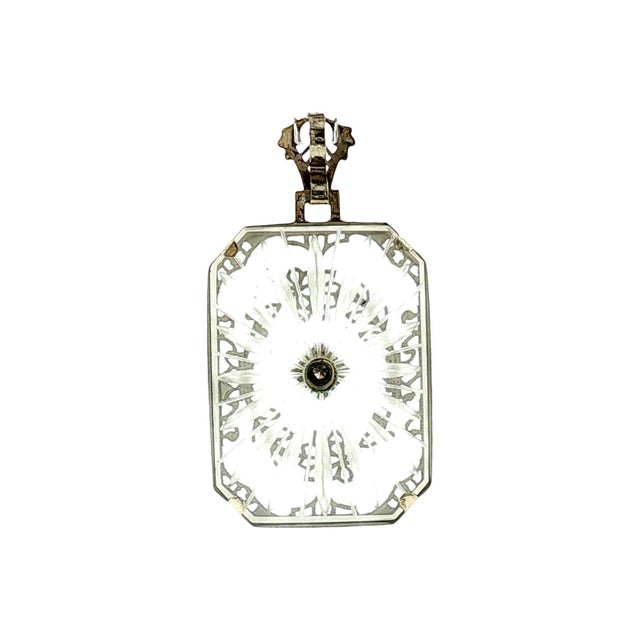 Mid-Century Modern 1930's 14k White Gold Camphor Glass and Diamond Filigree Pendant For Sale - Image 3 of 4