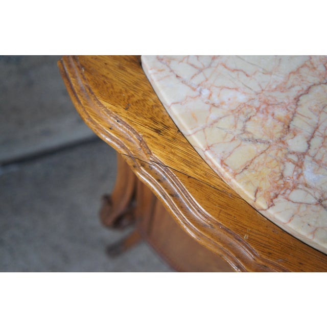 Brown Late 19th Century Antique French Neoclassical Demilune Satinwood Marble Cabinet Side Tables - Set of 2 For Sale - Image 8 of 13