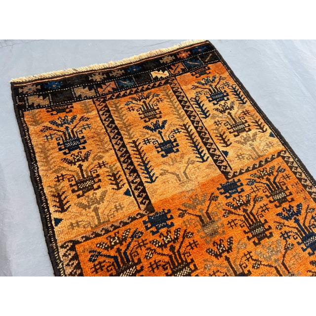 Vintage Afghan Baluchi Hand-Knotted Wool Rug in Burnt Orange & Navy | 2'1" X 4'11" | Tribal Rug For Sale - Image 4 of 11