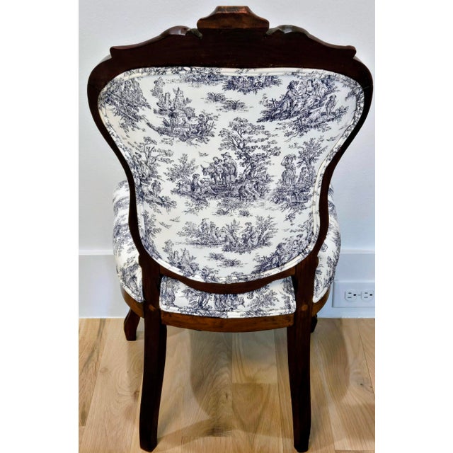 Vintage French Country Carved Walnut Toile De Jouy Upholstered Accent Chair For Sale In Dallas - Image 6 of 12