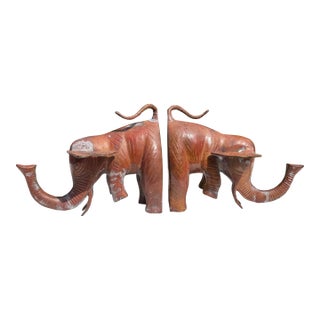 Vintage Oversized Metal Elephant Bookends With Weathered Patina, Pair For Sale