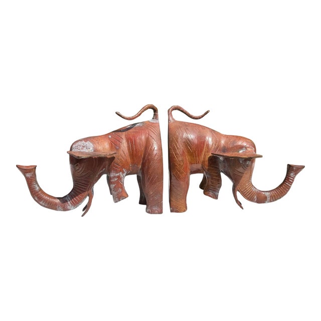 Vintage Oversized Metal Elephant Bookends With Weathered Patina, Pair For Sale