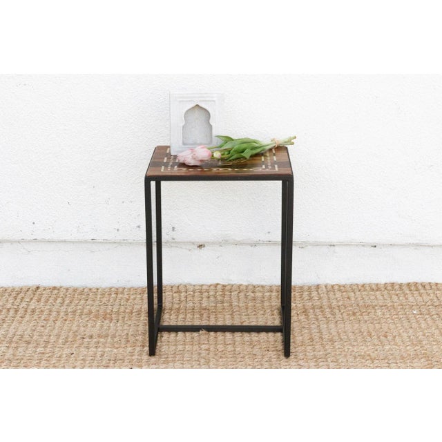 Brown Modern Iron & Inlaid Wood Side Table For Sale - Image 8 of 8