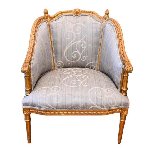 Louis XVI Upholstered Carved Gilt Bergere Chair For Sale