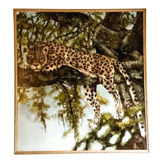 Monumental Giltwood Rope Framed Oil on Canvas Palm Beach Style Leopard in Tree For Sale