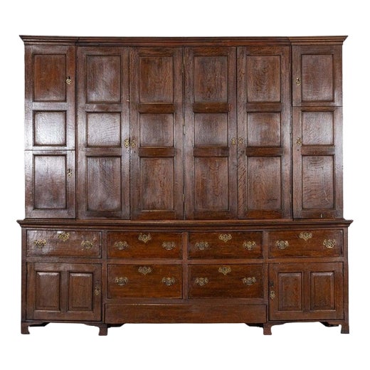 Georgian English Monumental Breakfront Oak Housekeepers Cupboard, 1800s For Sale