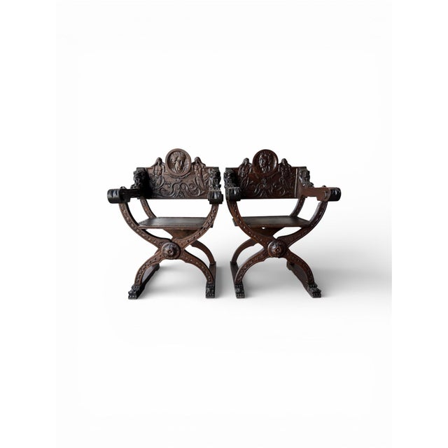 Late 19th Century Renaissance Italian Pair Chairs, Hand Carved Walnut Wood For Sale In Charlotte - Image 6 of 12