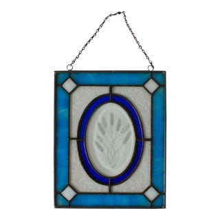 Vintage Stained Glass Window Hanging W/ Wheat Motif For Sale