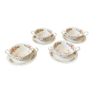 Late 19th Century Aynsley Cottage Garden Swirl Bone China Cream Soup Bowl & Saucer Set, Made in China- 8 Pieces For Sale