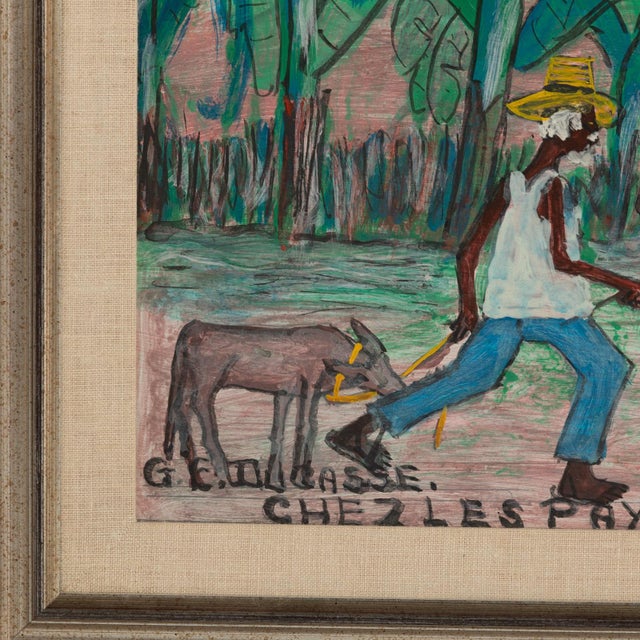 Folk Art Mid 20th Century Original Signed Haitian Artist Gervais Emmanuel Ducasse "Ches Les Paysans Entre Arcanhsie Et St' Ard", Framed For Sale - Image 3 of 12