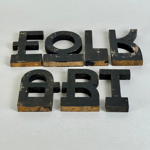Unique Vintage Wooden Letters Spelling "Folk Art" in Art Deco Design & Weathered Black Paint For Sale - Image 9 of 10