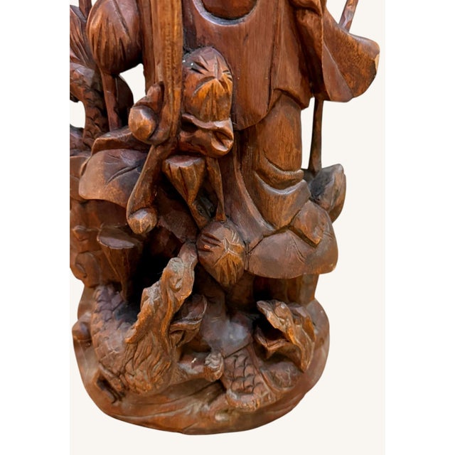 Vintage Chinese Carved Wood Guanyin Kuan Yin Lotus Birds Sculpture 23.75" For Sale - Image 13 of 15
