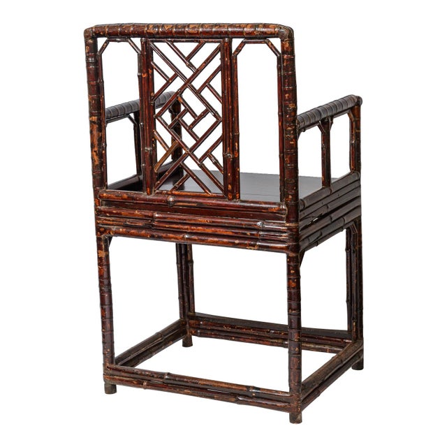 19Th C. Pair Chinese Dark Tortoiseshell Bamboo Armchairs Early For Sale In West Palm - Image 6 of 12
