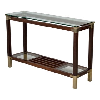 Italian Mid-Century Walnut & Brass Console Table With Glass Top For Sale